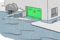 Hochwasserschutztor vor Garage im Überschwemmungsfall
