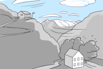 Windexponierte Gebäude im Gebirge während eines Föhnsturms