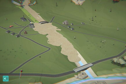 Screenshot aus dem Onlinespiel "MurGame", welcher die Auswirkungen eines Murgangs im bereits bebauten Dorf zeigt.
