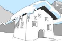 Grosse Schneemengen auf dem Dach und Eiszapfen an der Dachrinne