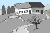 Auf dem Bild ist ein Bauernhaus zu sehen, dessen Wohnteil aufgrund ungleicher Bodenbewegungen talwärts verkippt ist.