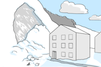 Am Steilhang löst sich ein Schneerutsch, resp. ein kleines Schneebrett. Dieses verfehlt das darunterliegende Gebäude nur knapp.