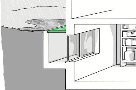 von oben mit einer Glasabdeckung abgedichteter Lichtschacht ist hochwassersicher