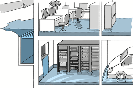 Hochwassersituation im bei einem Bürogebäude