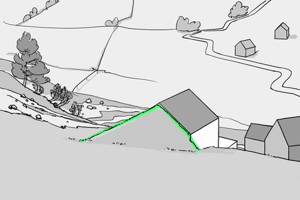 Bergseitige Einpassung des Gebäudes in das umliegende Gelände zur Reduktion der betroffenen Aussenwandfläche als elegante Lösung zum Schutz vor Lawinen, Steinschlag und Murgängen.