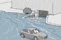 Überschwemmungssituation, wobei Wasser von der Strasse zum Gebäude zufliesst