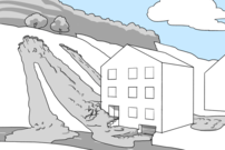 Hangmure (auch spontane Rutschung oder Schlammlawine) trifft auf ein Gebäude