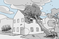 Bei einem starken Sturm stürzt ein Baum auf das Dach eines Hauses und ein Trampolin fliegt davon