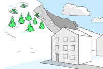 Dreibeinböcke und neue Aufforstung an einem Steilhang oberhalb eines Hauses zum Schutz vor Schneegleiten und Schneedruck