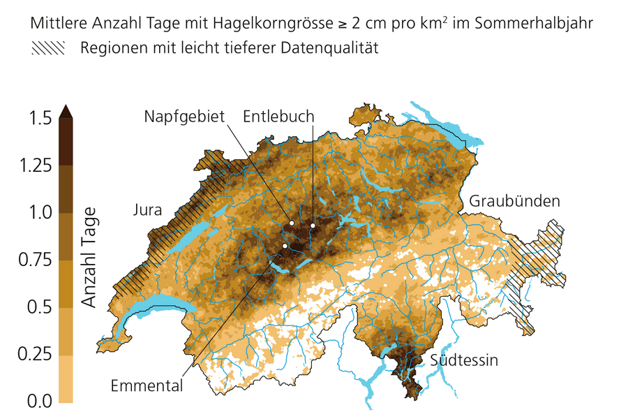 Mittlere Anzahl Tage mit Hagelkorngrössen von 2 cm oder mehr pro Quadratkilometer