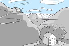 Auf einem Bergkamm, an Steilhängen und in Föhntälern sind besonders starke Winde möglich. Windexponierte Gebäude im Gebirge während eines Föhnsturms