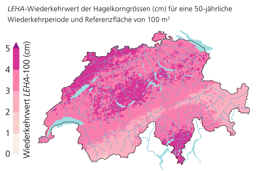 LEHA-Wiederkehrwert der Hagelkorngrössen (cm) für eine 50-jährliche Wiederkehrperiode und Referenzfläche von 100 m2