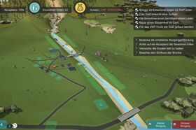 MurGame: Ein Dorf will sich trotz der Gefahr durch Murgänge entwickeln - kombinieren Sie hierzu verschiedene Schutzmassnahmen für ein optimales Kosten-Nutzen-Verhältnis. Screenshot aus dem Onlinespiel "MurGame" mit Blick auf das noch grösstenteils unbebaute Dorf auf deinem Wildbachkegel mit Murganggefahr.