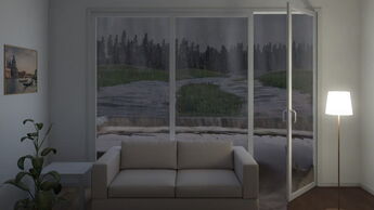 Standbild aus Videoanimation: Starkregen vom Hang tritt über Balkon in Wohnzimmer ein