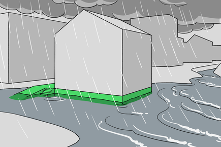 Erhöht gebautes Gebäude ist im Sockelbereich robust und wasserdicht